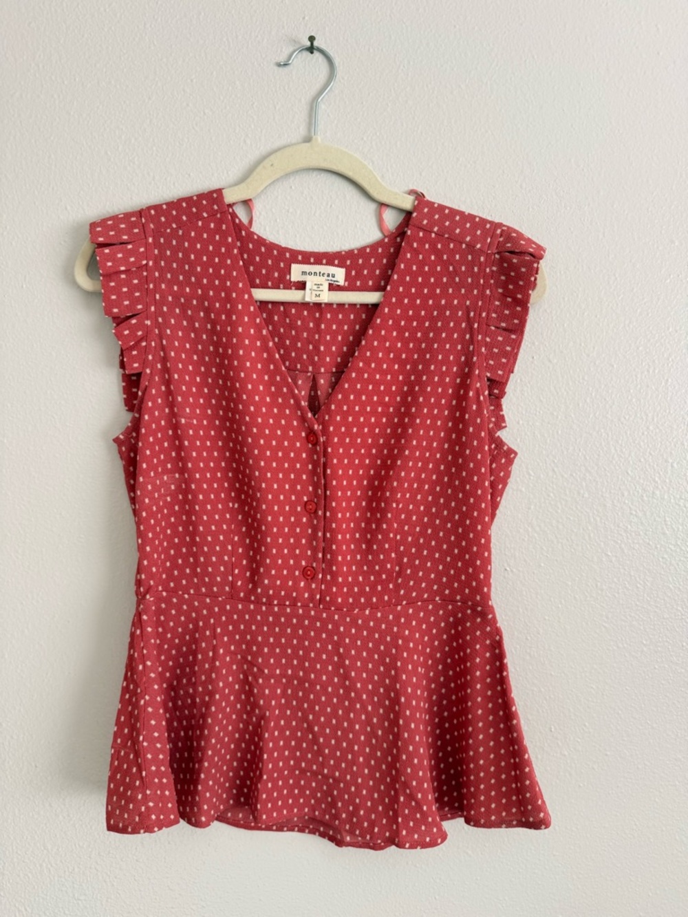 Monteau Pink Dot Flutter Sleeve Peplum Top